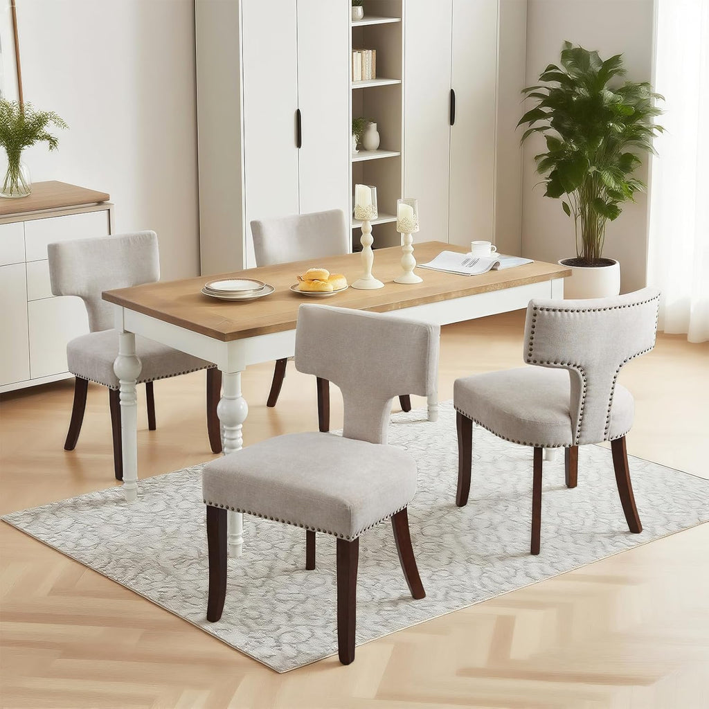 Mid Century Modern Farmhouse Dining Chairs Set of 2, Linen Upholstered with Curved Backrest & Copper Nail Trim, Hardwood Frame, Beige