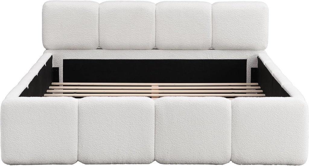 Christopher Knight Home Hazel Queen Size Platform Bed, Boucle Thick Headboard and Footboard, Upholstery Grounded Beds, Block Style, Wood Slat Panel Support, No Spring Box Needed, Easy Assembly, White