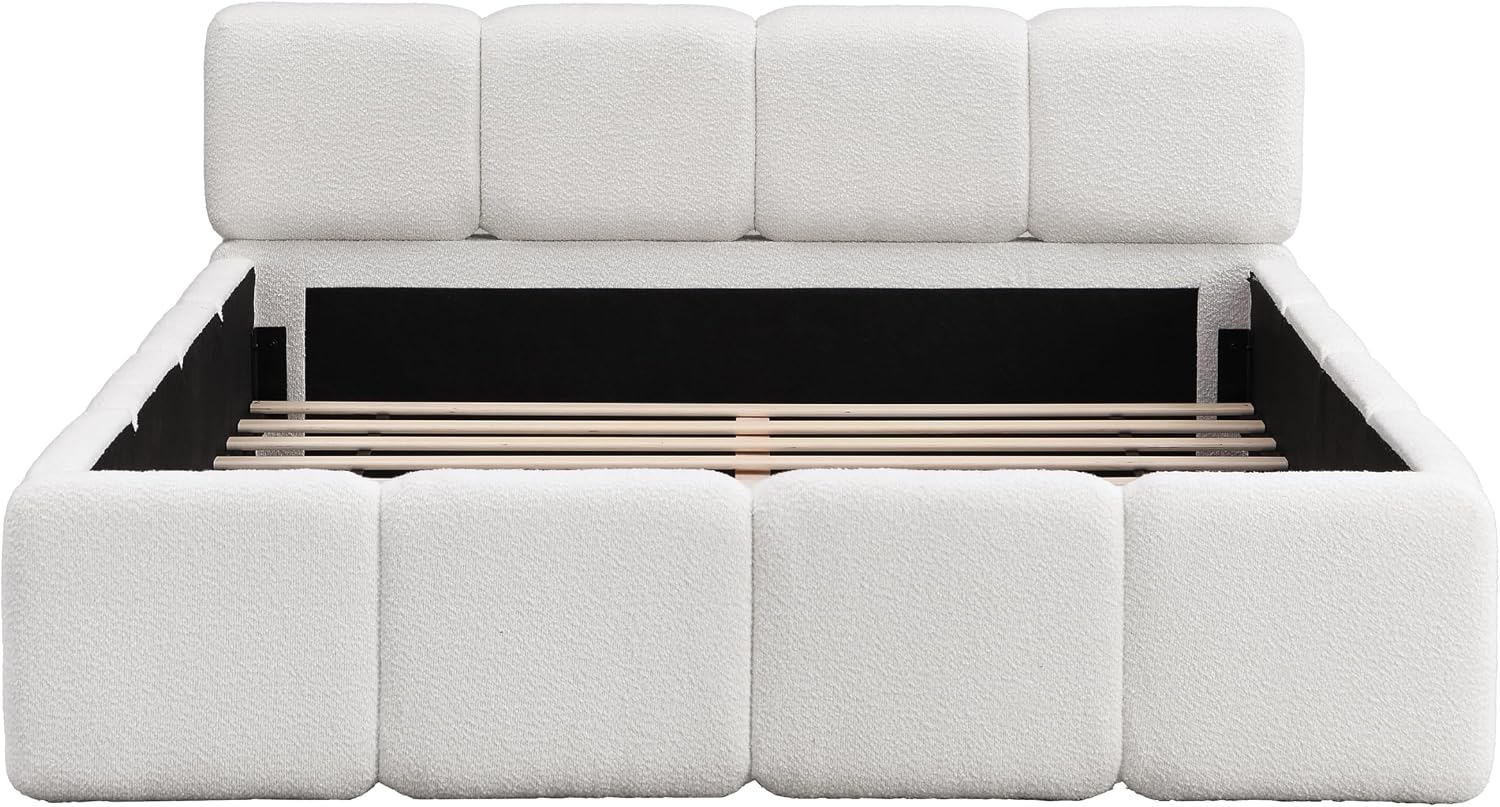 Christopher Knight Home Hazel Queen Size Platform Bed, Boucle Thick Headboard and Footboard, Upholstery Grounded Beds, Block Style, Wood Slat Panel Support, No Spring Box Needed, Easy Assembly, White
