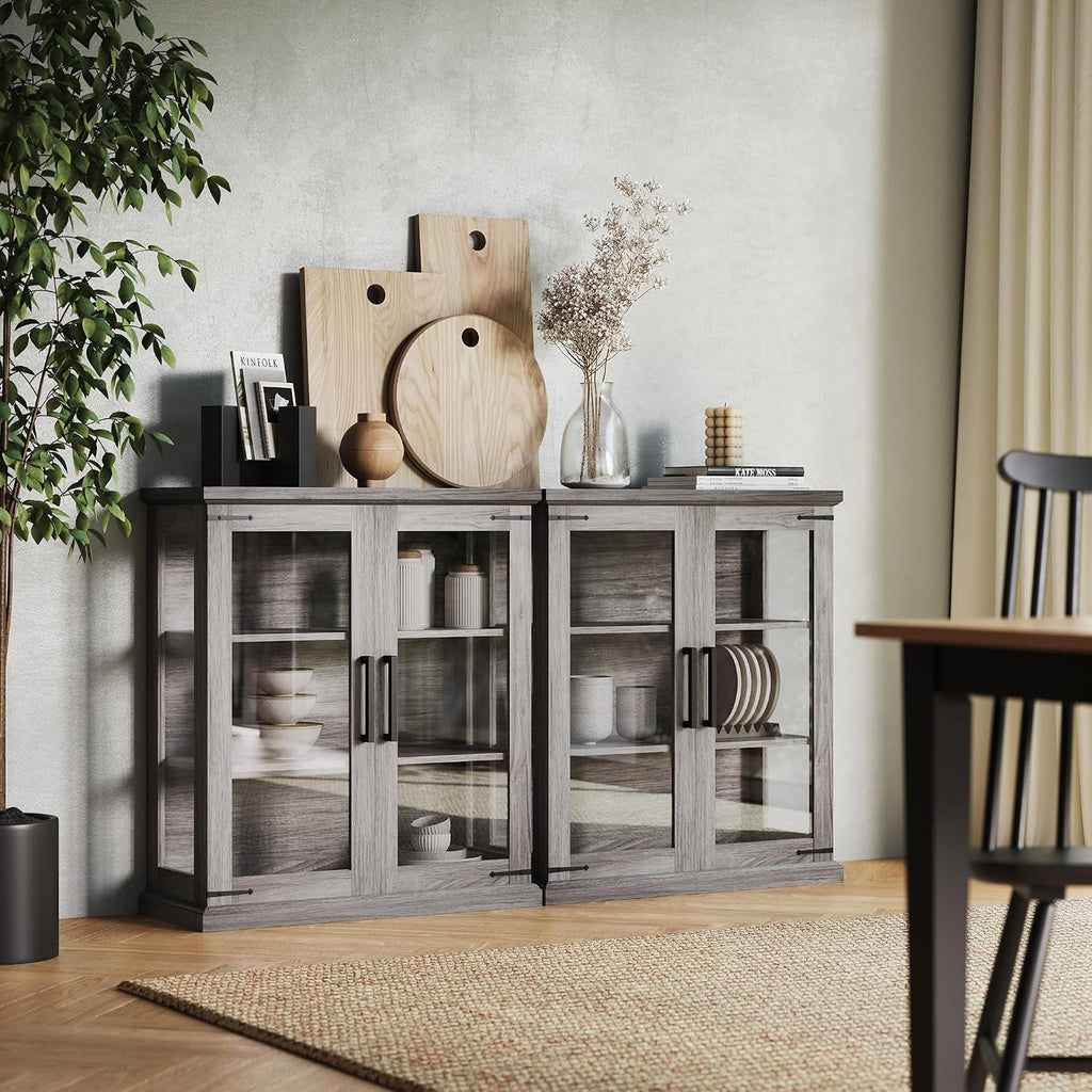 BELLEZE Set of 2 Glass Display Cabinet, 36" Tall Cabinet with Shelves and Glass Doors for Entryway, Living Room, Hallway, or Kitchen - Ashford (Gray Wash)