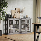 BELLEZE Set of 2 Glass Display Cabinet, 36" Tall Cabinet with Shelves and Glass Doors for Entryway, Living Room, Hallway, or Kitchen - Ashford (Gray Wash)