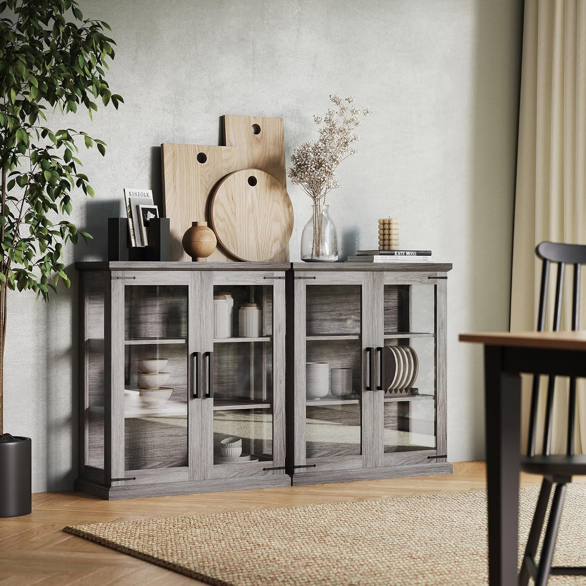 BELLEZE Set of 2 Glass Display Cabinet, 36" Tall Cabinet with Shelves and Glass Doors for Entryway, Living Room, Hallway, or Kitchen - Ashford (Gray Wash)