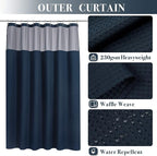 N&Y HOME Waffle Weave Shower Curtain with Snap-in Fabric Liner & Metal Hooks Set - Hotel Style, Mesh Top Window, Water-Repellent & Washable - 71x72, Navy Blue