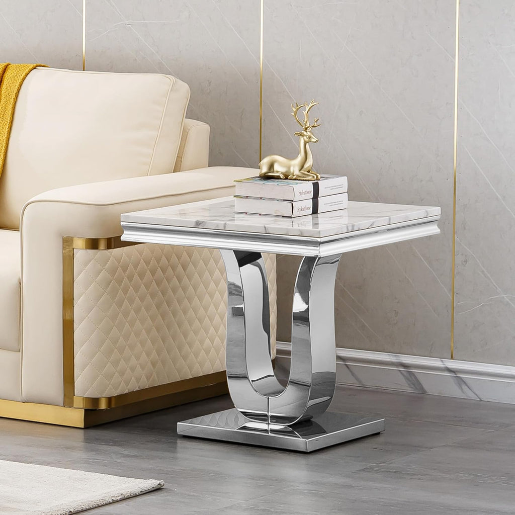 Faux Marble End Table, Modern Rectangular Conner Table with Faux Marble Top U Shape Stainless Steel Base for Bedroom Home Office