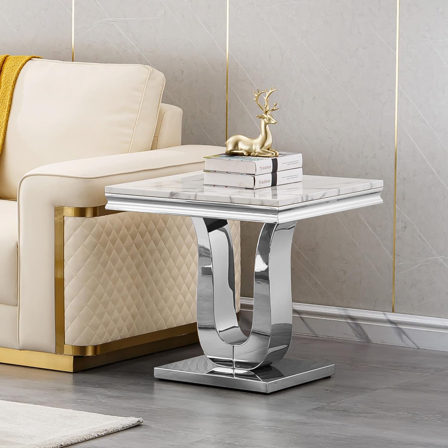 Faux Marble End Table, Modern Rectangular Conner Table with Faux Marble Top U Shape Stainless Steel Base for Bedroom Home Office