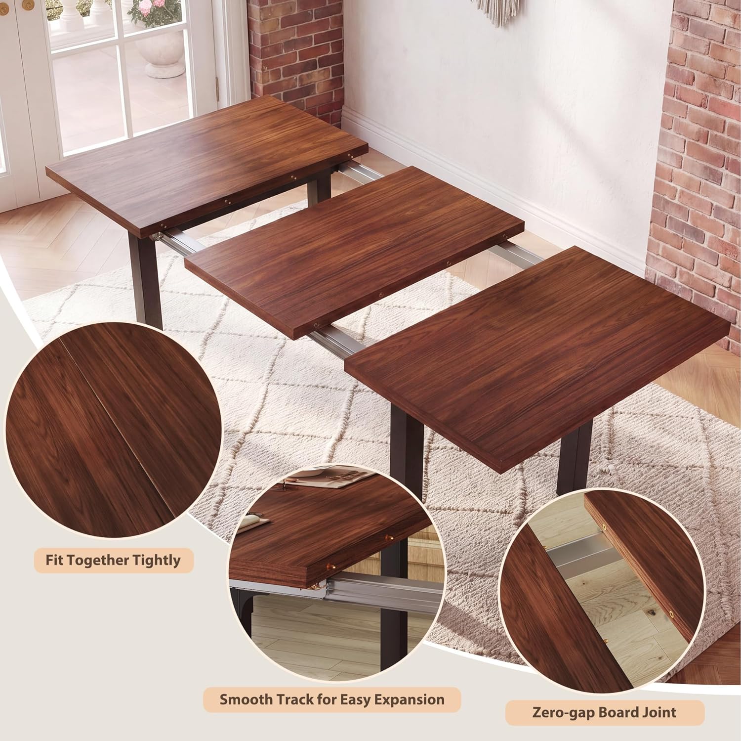 HUAHUU 7-Piece Dining Table Set for 6, 63" Extendable Kitchen Table with Curved Backrest Chairs, Dining Room Table with Solid Metal Frame & MDF Board, Easy Assembly, Walnut