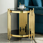 Luxury Gold Round Glass End Table, 17.7" Modern Side Table with Stainless Steel Irregular Leg Black Tempered Glass Tabletop, Accent Furniture for Living Room, Black