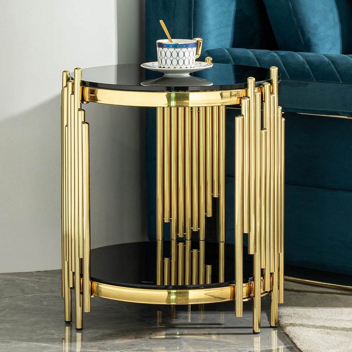 Luxury Gold Round Glass End Table, 17.7" Modern Side Table with Stainless Steel Irregular Leg Black Tempered Glass Tabletop, Accent Furniture for Living Room, Black