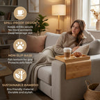 Couch Armrest Table, Bamboo Couch Cup Holder, Couch Cup Holder Tray, Sofa Arm Tray, Armchair Caddy 12.4" x 5.5" with Nonslip Felt Bottom, Sturdy Bamboo Slats for Armrests 6" and Wider (Brown)