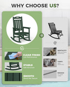 Oversized Outdoor Rocking Chair, High Back Porch Rocker Chair, HDPE All Weather Resistant Rocking Chairs for Patio, 380lbs Weight Capacity, Green