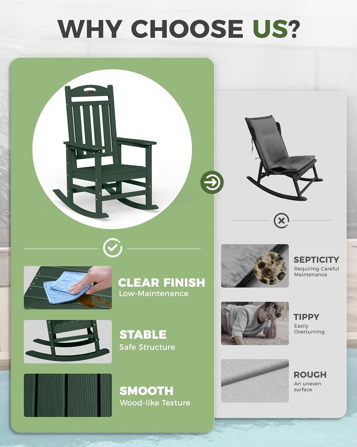 Oversized Outdoor Rocking Chair, High Back Porch Rocker Chair, HDPE All Weather Resistant Rocking Chairs for Patio, 380lbs Weight Capacity, Green