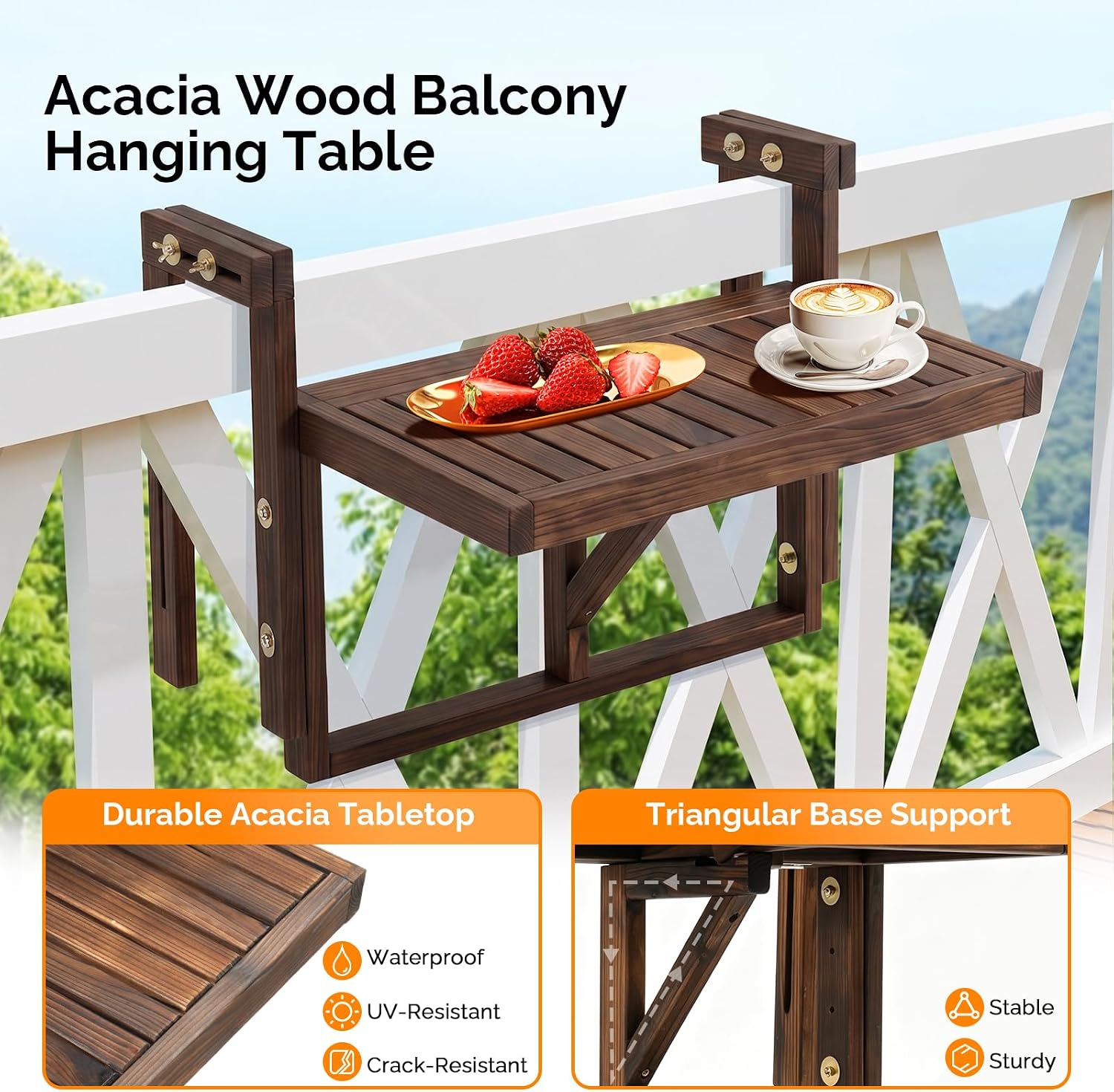 VINGLI 22in Acacia Wood Folding Balcony Hanging Table – Adjustable Height & Width, Balcony Railing Table Ideal for Different Railing Widths, Perfect for Balcony, Patio, Rectangular,Carbonized Color