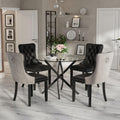 36" Luxury Glass Round Dining Table Set with 4 Velvet& PU Leather Upholstered Dining Chairs, Wooden Legs, Glass Table Top with Black Crossed Metal Legs(Black&Gray)