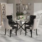 36" Luxury Glass Round Dining Table Set with 4 Velvet& PU Leather Upholstered Dining Chairs, Wooden Legs, Glass Table Top with Black Crossed Metal Legs(Black&Gray)
