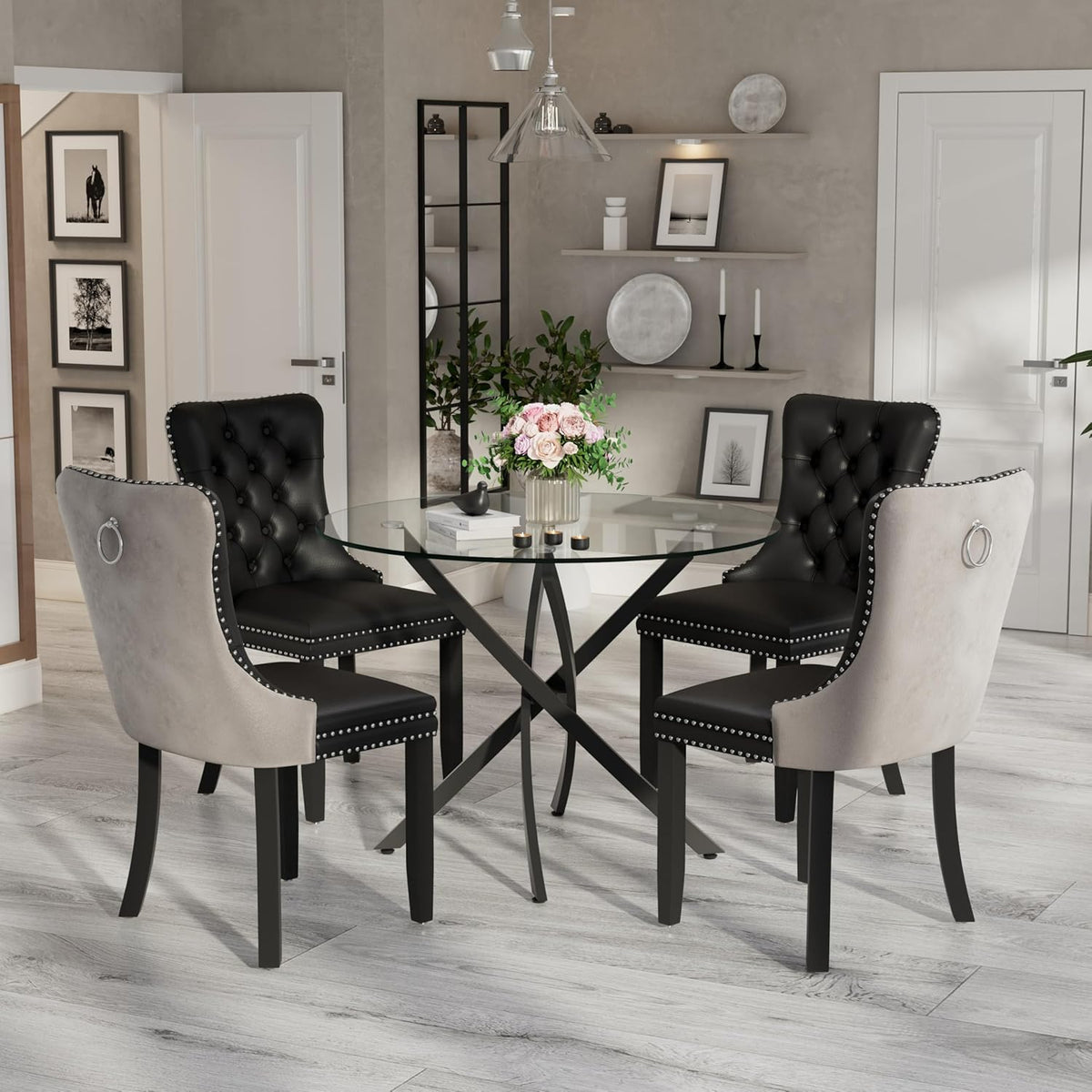 36" Luxury Glass Round Dining Table Set with 4 Velvet& PU Leather Upholstered Dining Chairs, Wooden Legs, Glass Table Top with Black Crossed Metal Legs(Black&Gray)