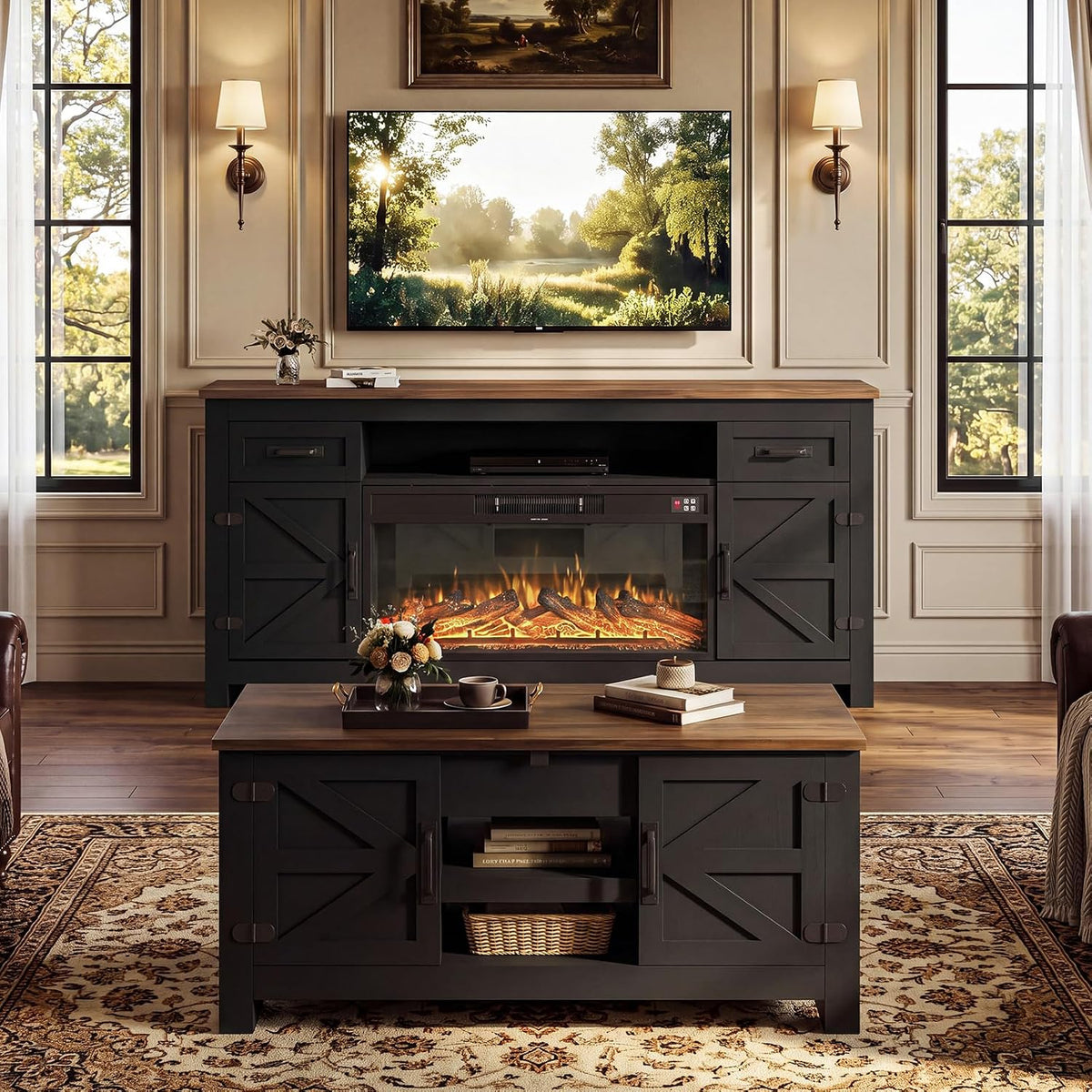 Farmhouse Living Room Table Sets of 2, 70 inch, Black | Includes 70 inch TV Stand, Lift Top Coffee Table with Charging Station, Modern Living Room Table Set