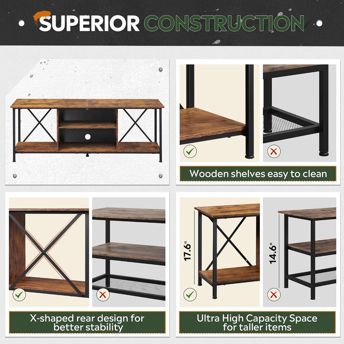 WLIVE Industrial TV Stand for Up to 65 inch TV, Heavy-Duty Metal Frame Entertainment Center with Adjustable Shelves & Cable Management, Media TV Console for Living Room Bedroom, Rustic Brown