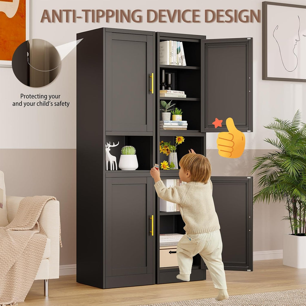 Kitchen Pantry Storage Cabinet,66.9" Tall Metal Storage Cabinet with 2 Door and 4 Adjustable Shelves.Freestanding Cupboard for Dining Room Living Room and Office.(Black)
