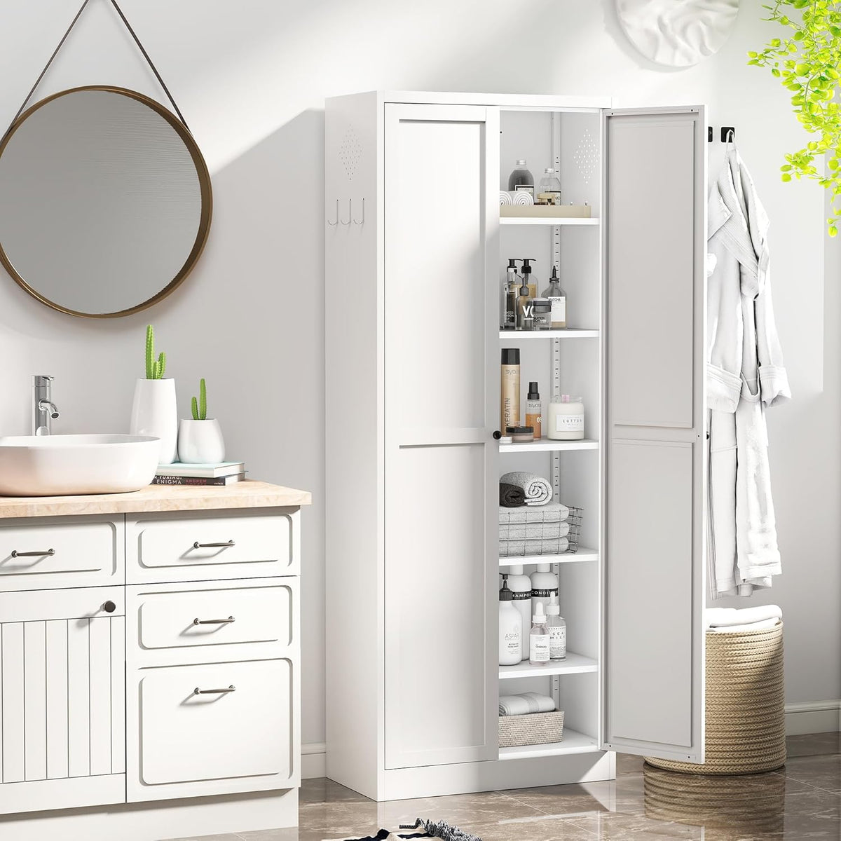 AQY Metal Pantry Cabinet with Doors & Shelves, 61” Tall White Kitchen Storage Cabinet, Freestanding Pantry Organizer for Kitchen, Living Room, Garage, Adjustable Shelves, Heavy-Duty Steel Storage Cabi