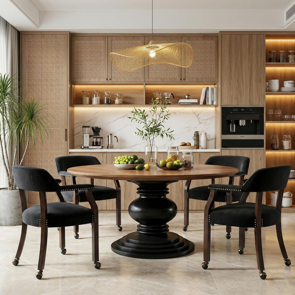 LEEMTORIG Set of 4 Large Dining Chairs with Casters and Arms, Rolling Dining Chairs with Wheels for Elderly, Ergonomic Boss Caption's Chair, 26"Dx25.2"W, Espresso Wood Legs & Black Velvet XXY-HT22-BK