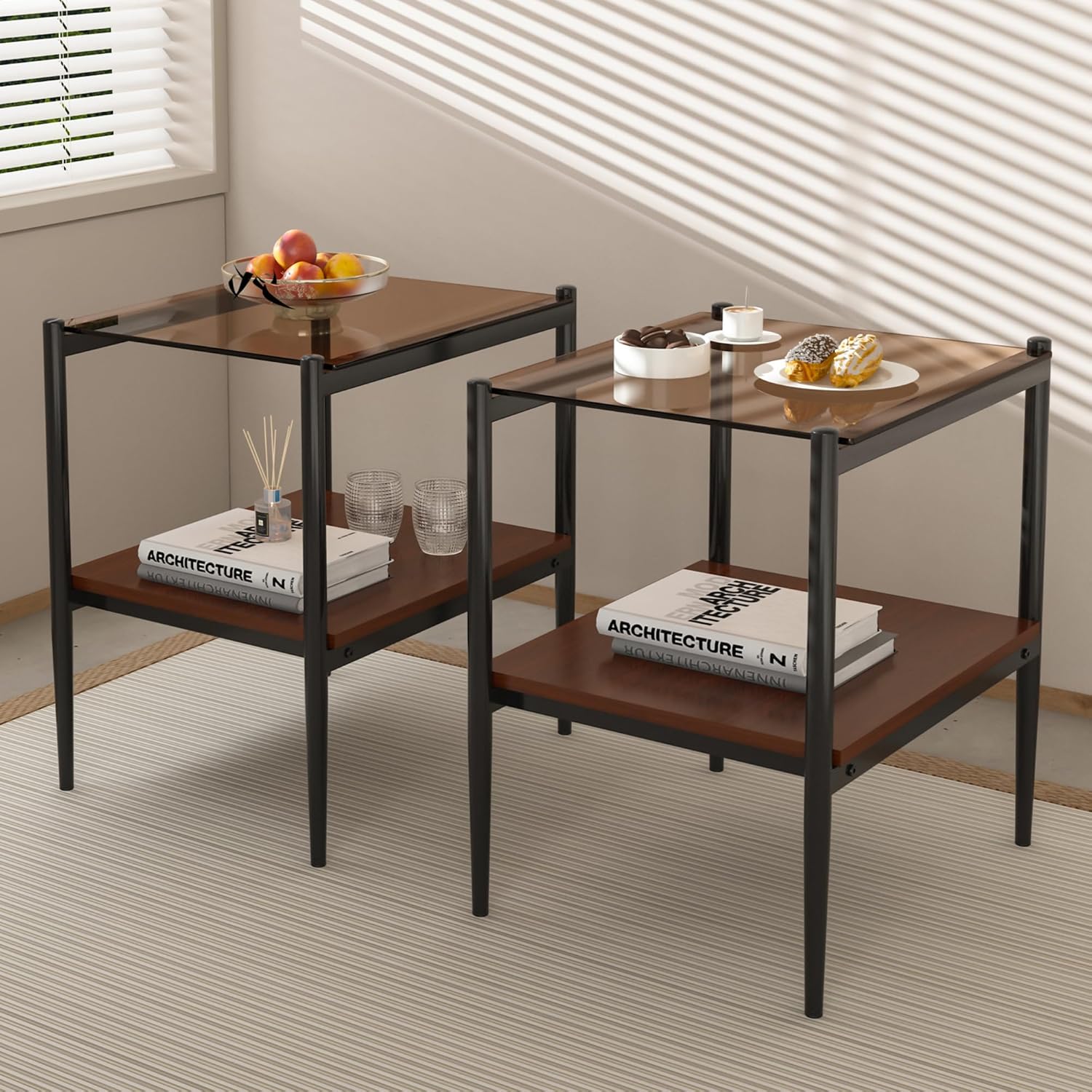 Glass End Table Set of 2, Rectangle Living Room Sofa Side Table, with BrownTempered Glass Tabletop,Black Iron Leg and Brown MDF Layer,for Living Room, Bedroom and Office, Brown