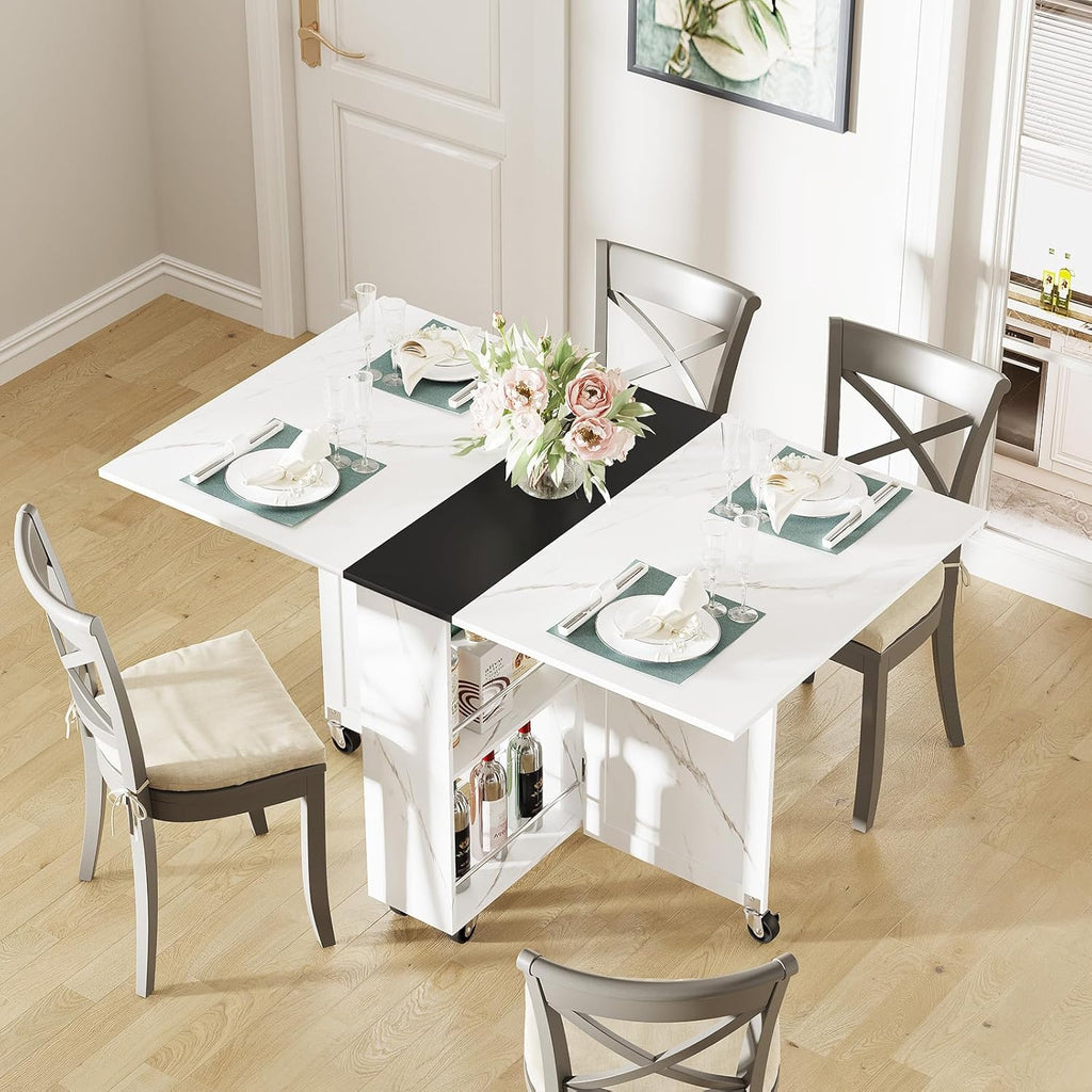 Folding Dining Table with Drawer,3-Tier Wine Cooler Storage and 2-Layer Metal Storage Rack-Extendable Drop Leaf Farmhouse Wood Kitchen Dining Room Tables Set for 4 (White and Black)