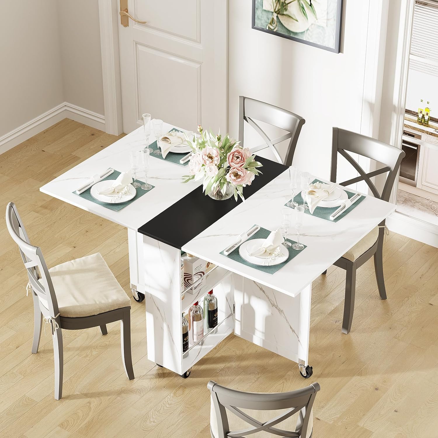 Folding Dining Table with Drawer,3-Tier Wine Cooler Storage and 2-Layer Metal Storage Rack-Extendable Drop Leaf Farmhouse Wood Kitchen Dining Room Tables Set for 4 (White and Black)