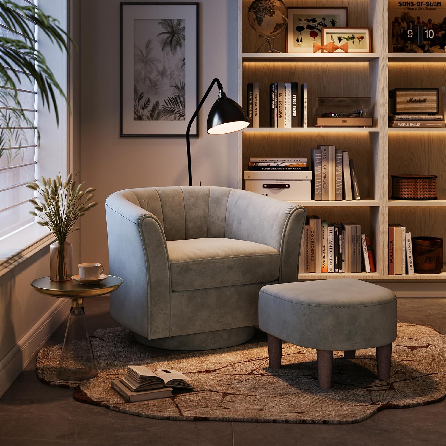 LINSY Large Swivel Accent Chair with Ottoman, Velvet Barrel Chair with Footrest, Modern Upholstered Comfy Reading Chair Armchair for Living Room, Bedroom, Study Room, Office, Grey