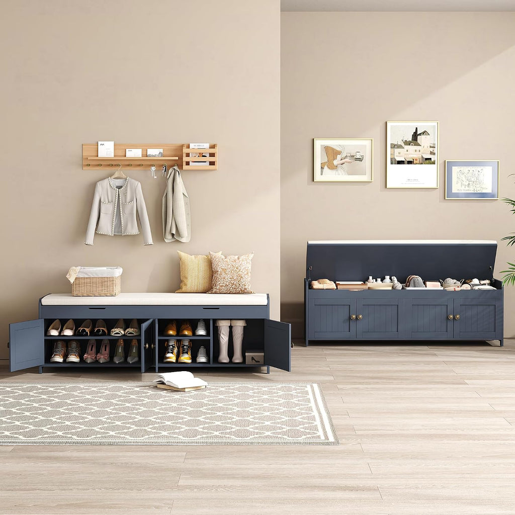 HOMEFORT 54.4" Shoe Bench with Lift Top Storage, Entryway Bench with Cushioned Seat, Wooden End of Bed Bench, Shoe Cabinet Bench with Hidden Storage Space, for Bedroom, Hallway,Blue