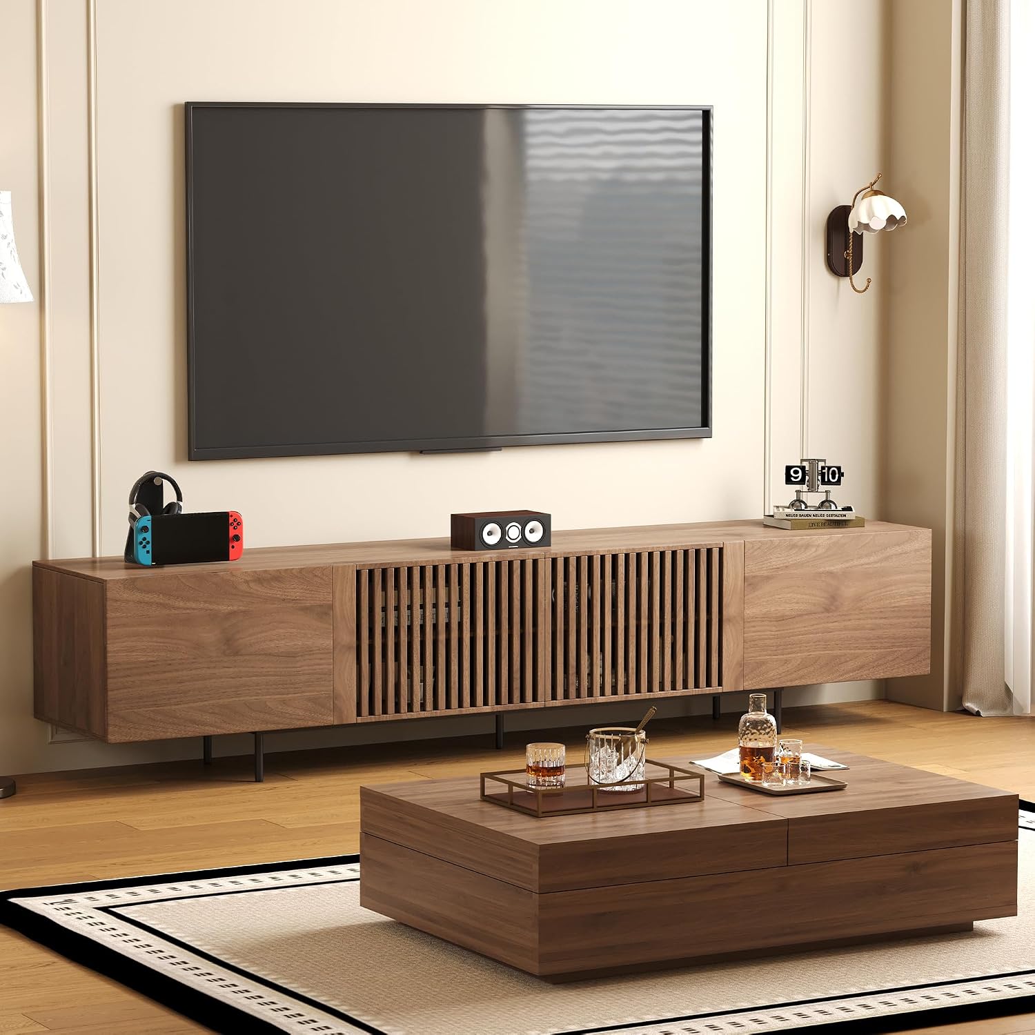 Mid-Century Modern TV Stand and Expandable Coffee Table Set | Walnut Finish, Stylish Storage Combo for Living Room or Bedroom