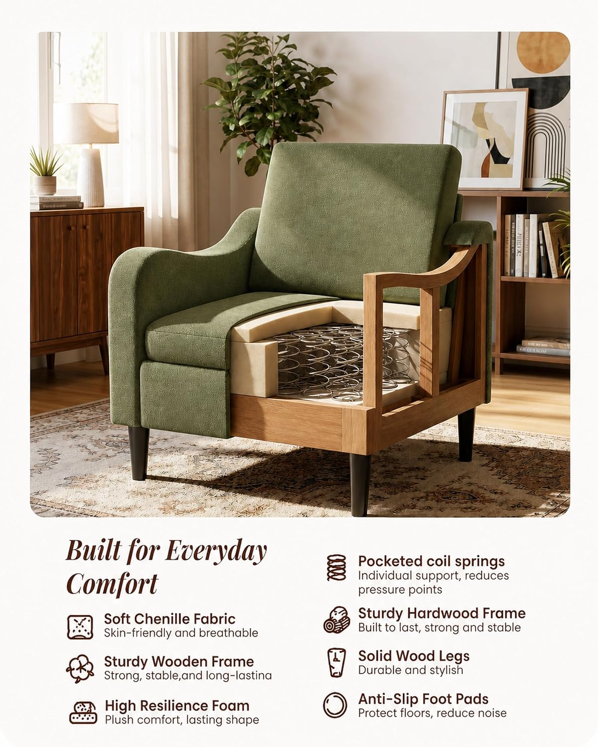 LEVELEVE Accent Arm Chair – Olive Green, Upholstered Scooped Comfy Reading Chair for Living Room, Bedroom, Apartment, Waiting Room