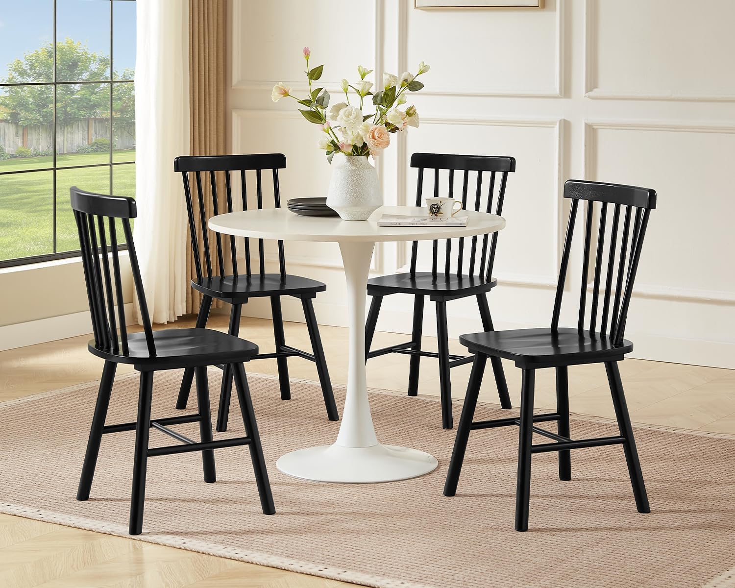 PrimeZone Windsor Dining Chairs Set of 4 with Spindle Back, Black | Solid Rubber Wood Farmhouse Kitchen Chair, Mid-Century Modern Side Dining Chair for Dining Room, Kitchen & Restaurant