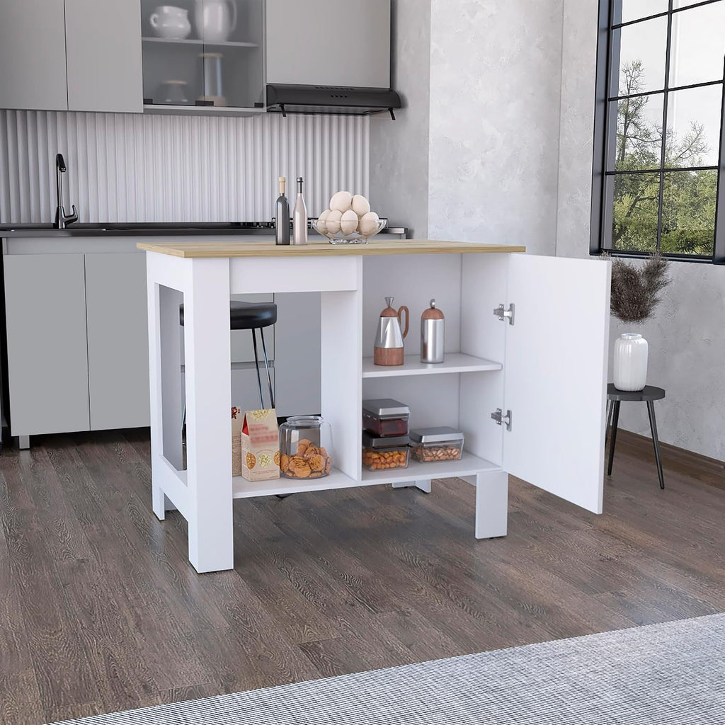 Kitchen Island, Single Door Cabinet, Shelf White/Macadamia | Includes two internal storage shelves for organized kitchen essentials