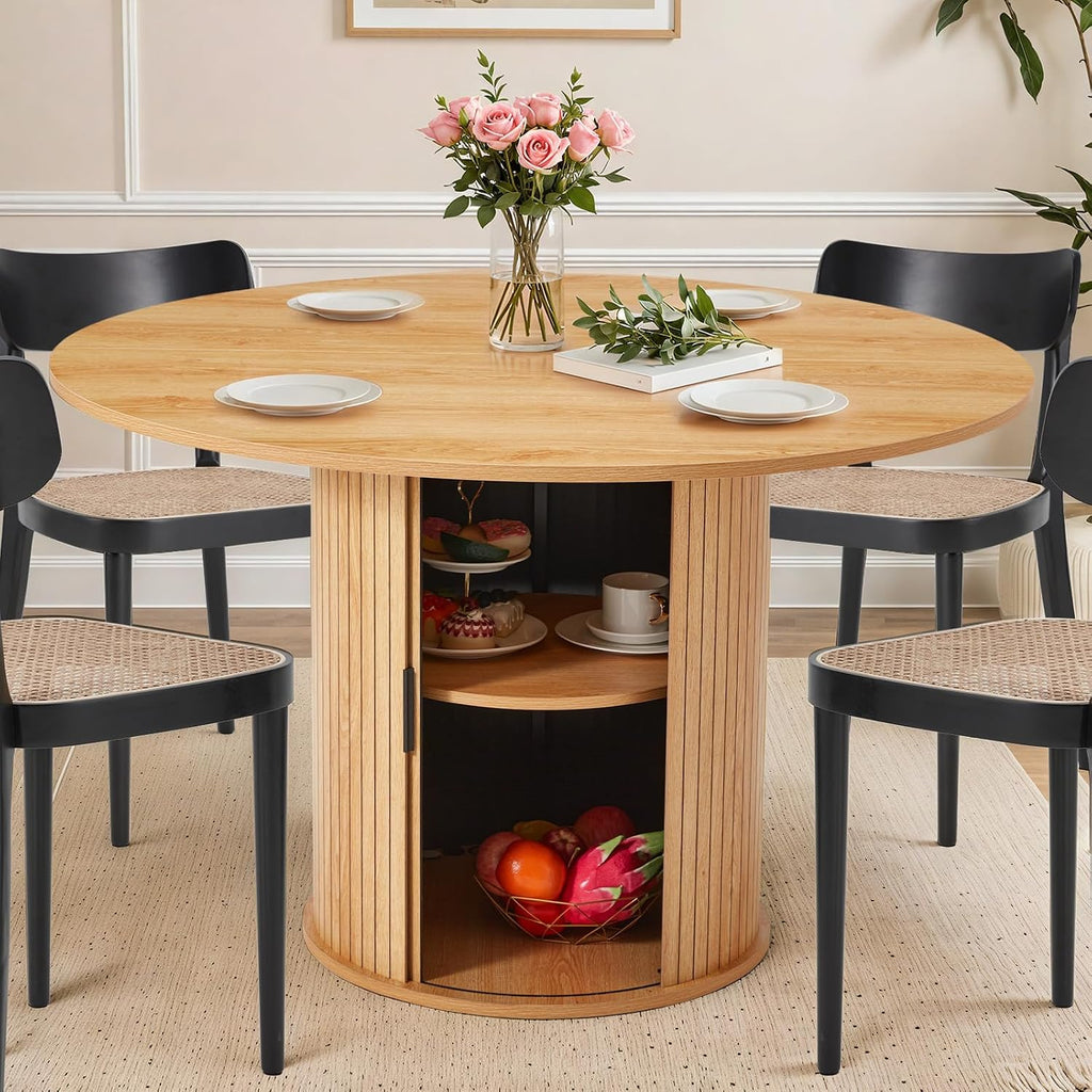 AVAWING 47-inch Round Dining Table for 4-6, Circle Fluted Kitchen Table with 2-Layer Storage Shelf and Wood Slide Door, Mid-Century Modern Fluted Design Wooden Dining Desk for Dining Room, Natural