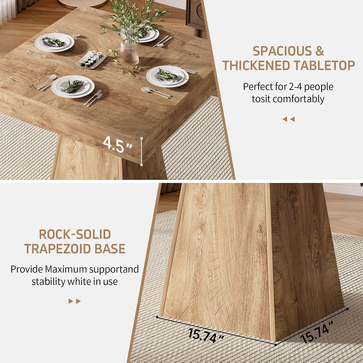 Square Dining Table, 31.5-inch Dinner Table for 2-4 People, Kitchen Table with Load-Bearing Trapezoidal Base, for Home, Dining Room, Small Space, Brown