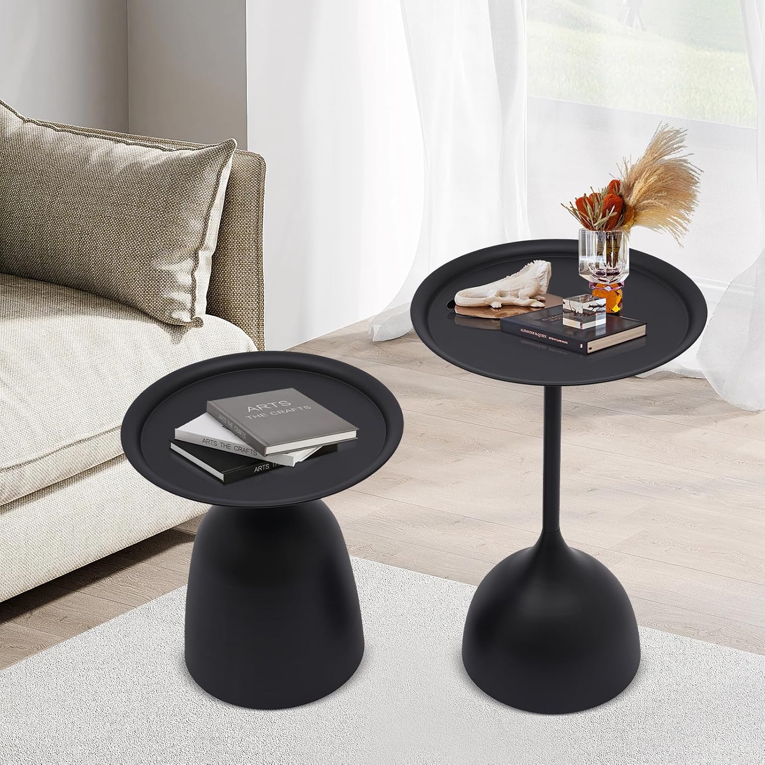 Bacocoo Round Side Table Set of 2, Metal End Tables Matte Black - 16.9" & 23.6" Height Modern Nesting Tables for Living Room, Bedroom, Office Sturdy.(Iron, Easy Assembly)