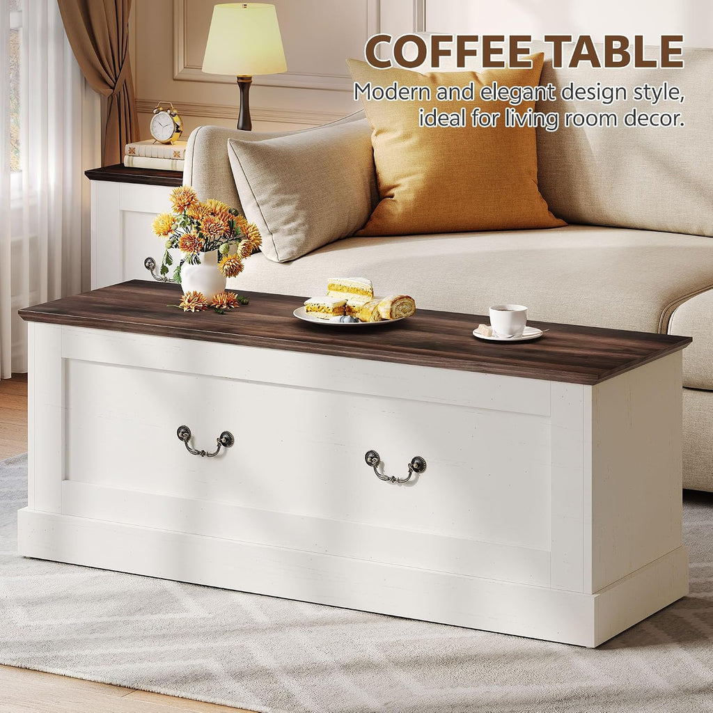Storage Chest, 47.2" Storage Bench with 3 Safety Hinges, Entryway Bench with Lift Top, Farmhouse Style, Wooden Chest Organizer for Entryway Living Room Hallway, Off White