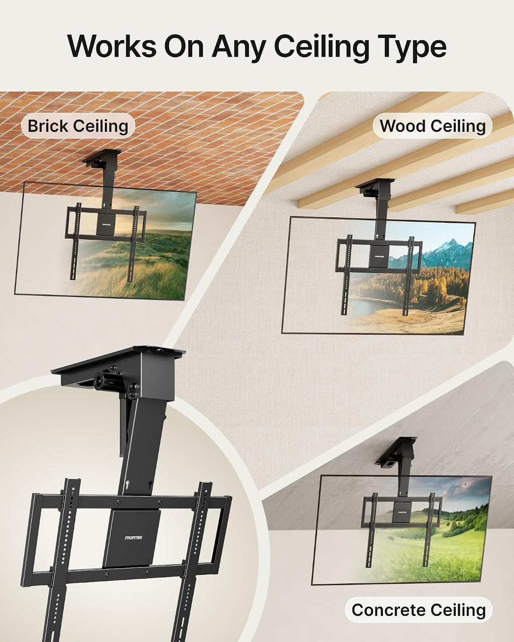monTEK Motorized Ceiling TV Mount for 32-75 Inch TVs, Holds up to 121 lb | Lower VESA fit helps avoid ceiling contact; electric flip-down, remote/app/voice, max VESA 600x400 mm, flat/pitched ceilings