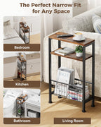 Karii Narrow Side Table, Skinny End Table for Small Spaces with Storage, 3-Tier Slim Wooden Bedside Nightstand Thin Couch Table for Living Room Bedroom Office Dorm Kitchen Bathroom (1, Rustic Brown)