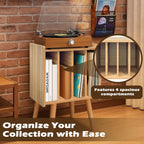 Record Player Stand, Vinyl Record Storage Table with 4 Cabinet, Mid Century Modern Turntable Stand, Organizer Vinyl Table for Bedroom Living Room, Oak