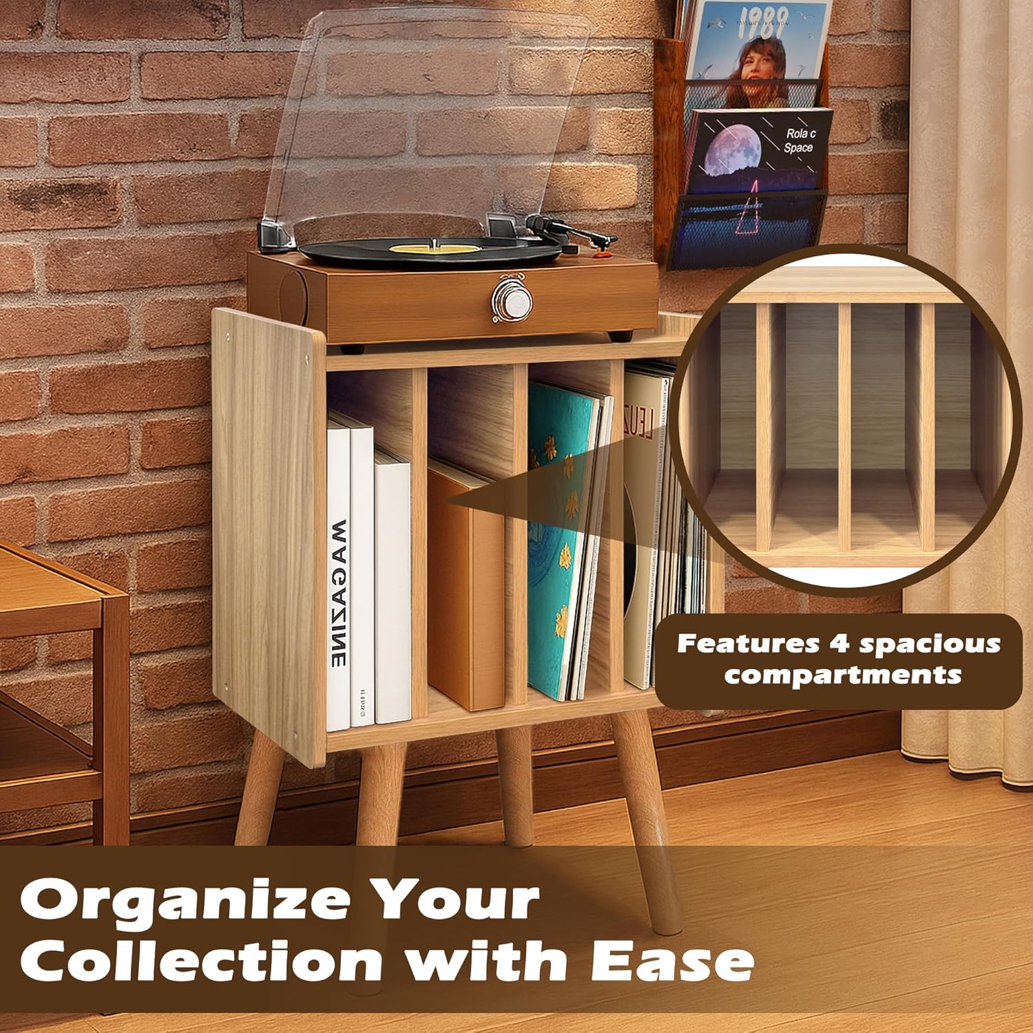 Record Player Stand, Vinyl Record Storage Table with 4 Cabinet, Mid Century Modern Turntable Stand, Organizer Vinyl Table for Bedroom Living Room, Oak