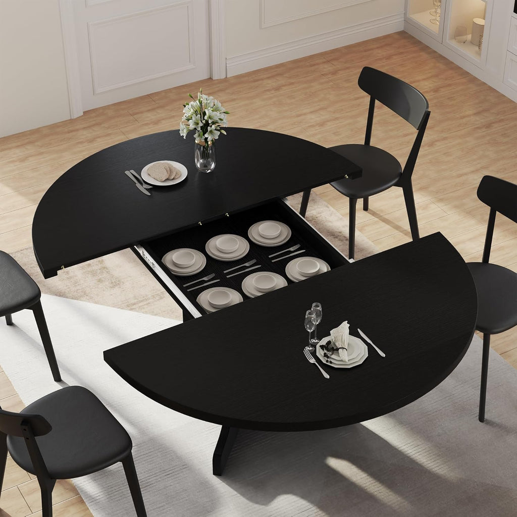 iPormis 59" Extendable Round Dining Table for 4-6, Modern Kitchen Table with Heavy Duty Pedestal Base & Wooden Top, Oval Dinner Table, Dining Room for Dining Living Room, Easy Assembly, Black
