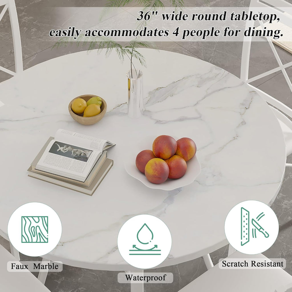VECELO 36" Round Dining Table for 4, Faux Marble Dinette with Metal Frame for Kitchen, Apartment, Home, Space-Saving, White