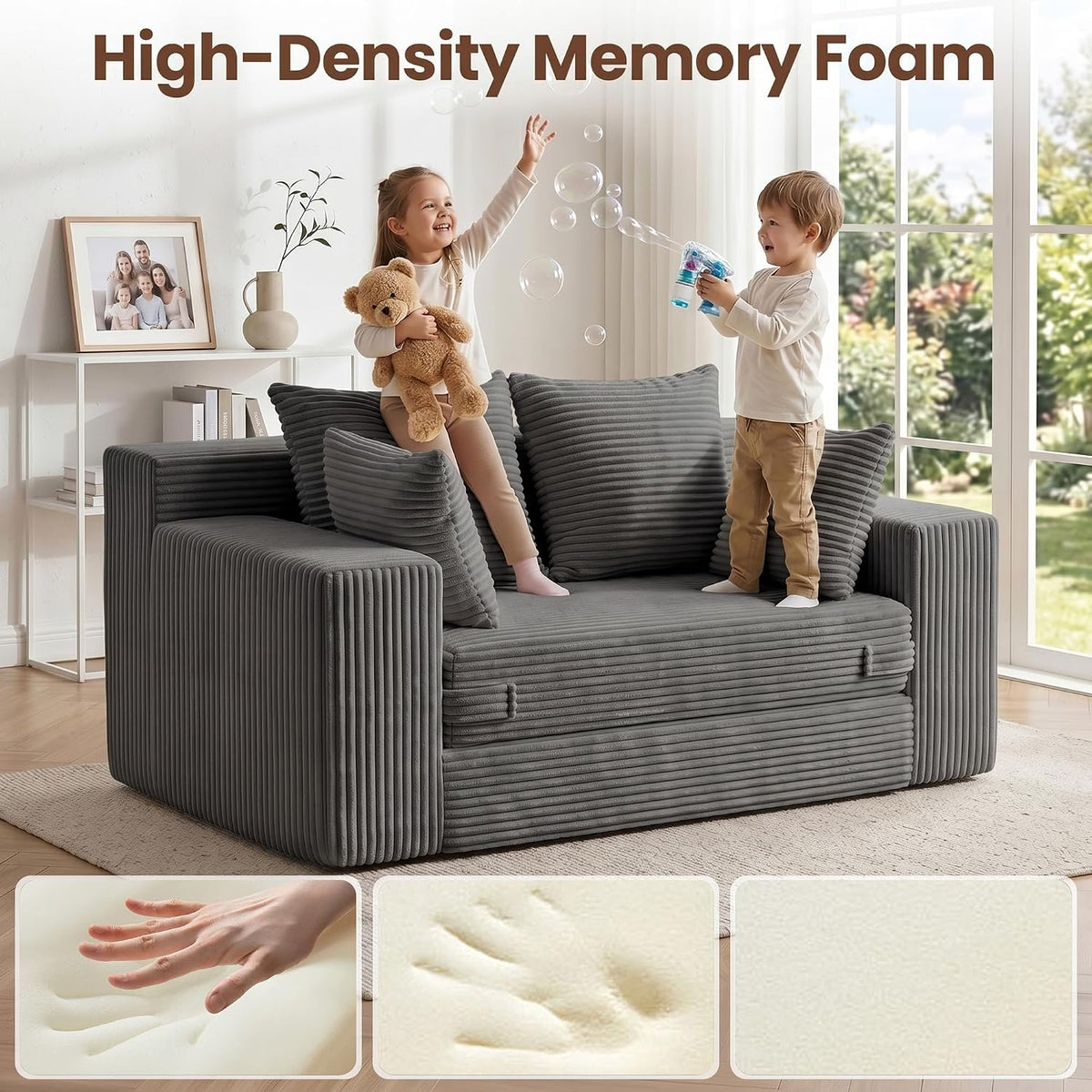 JUIKURY Floor Mini Couch 53 Inch, 3-in-1 Gray Couches Covertible Sofa Bed with 4 Pillows, Small Couches for Living Room, Bedroom, Small Space