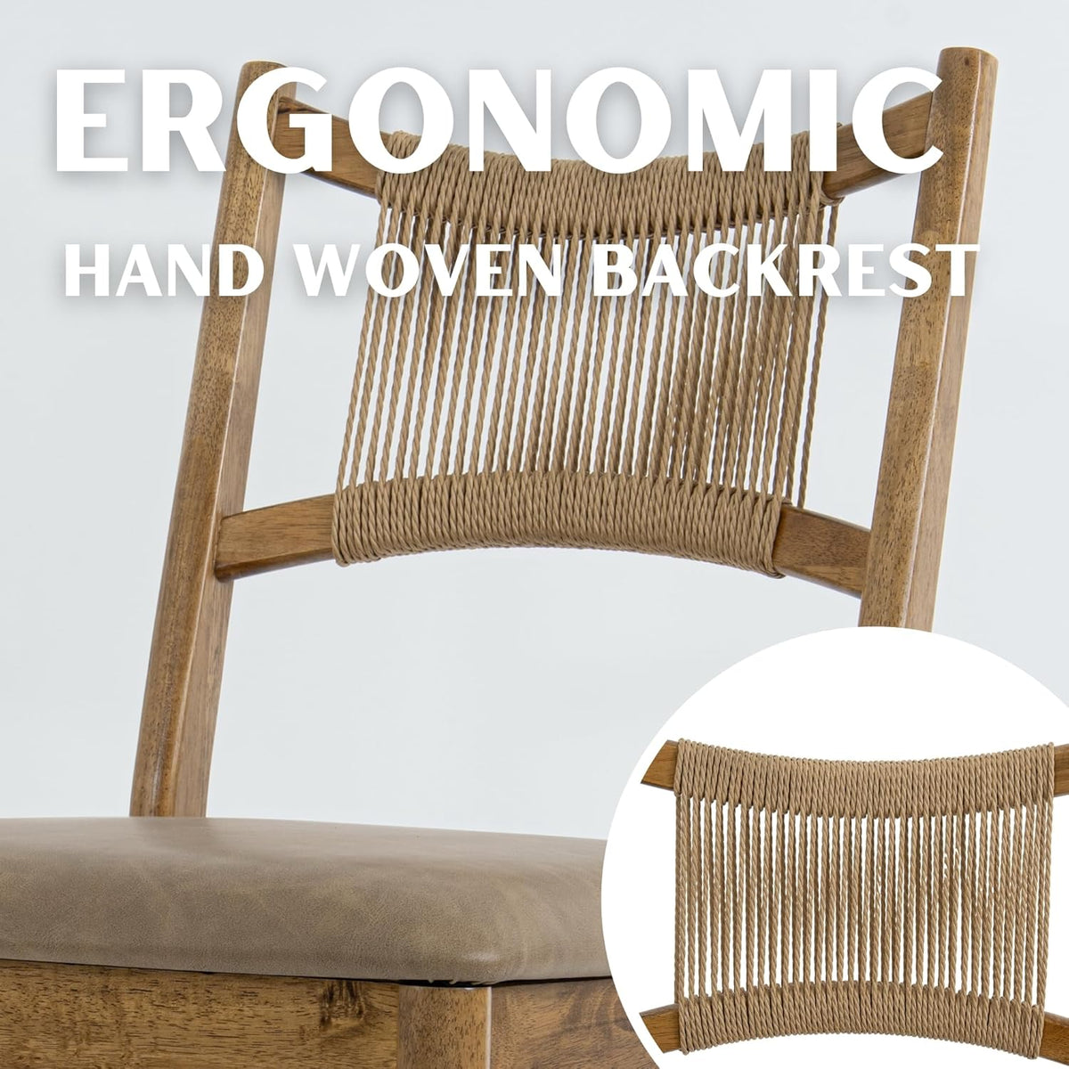 RIVOVA Wooden Dining Chairs Set of 4 PU Leather Upholstered Dining Room Chairs Kitchen Side Chair with Woven Seagrass Back Farmhouse Dinner Chair, Brown