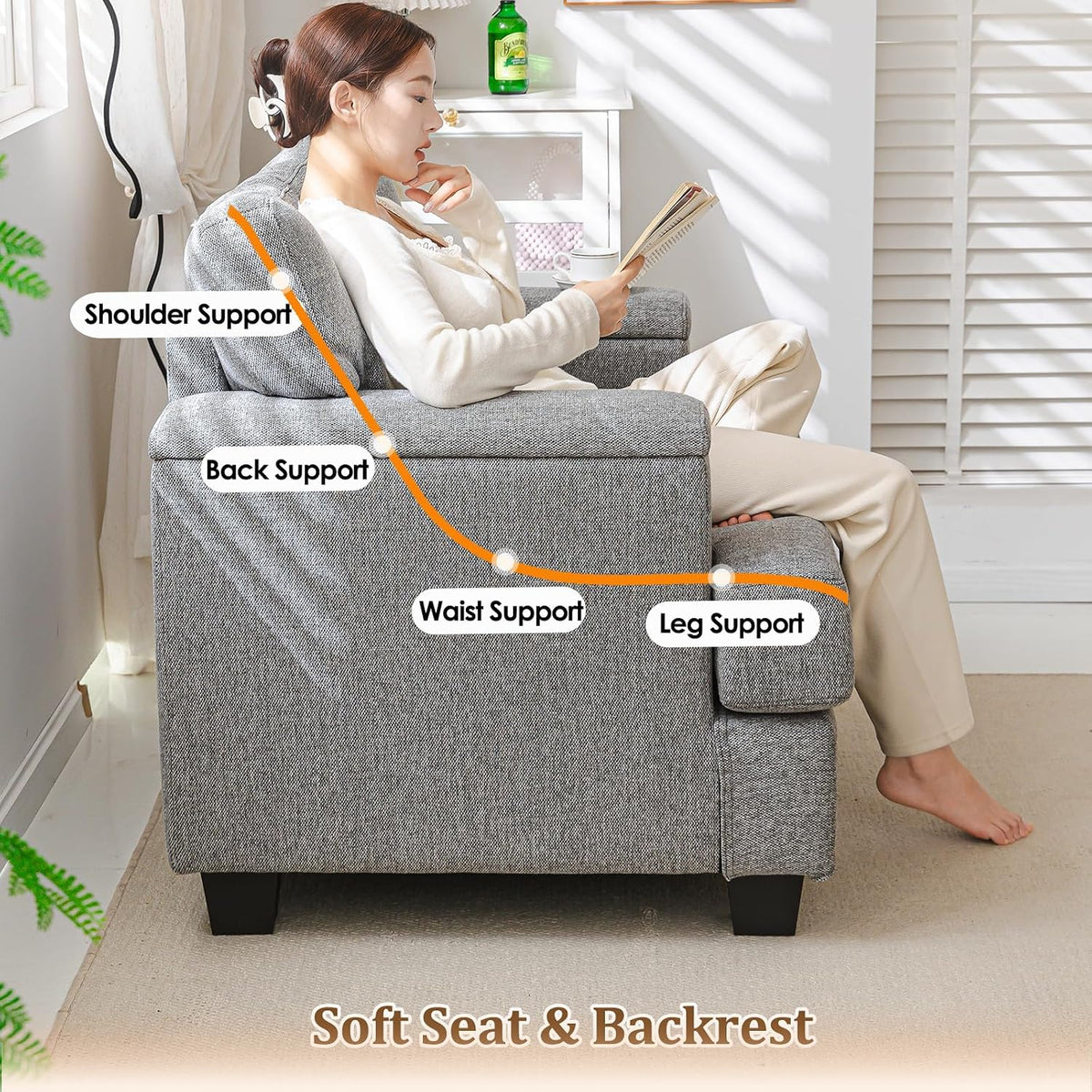 Oversized Accent Chair with Armrest Organizer,Comfy Living Room Chairs with Thick Cushion,Upholstered Armchair with Storage,Big Reading Chair,Sofa Chair for Bedroom,Linen,Dark Gray