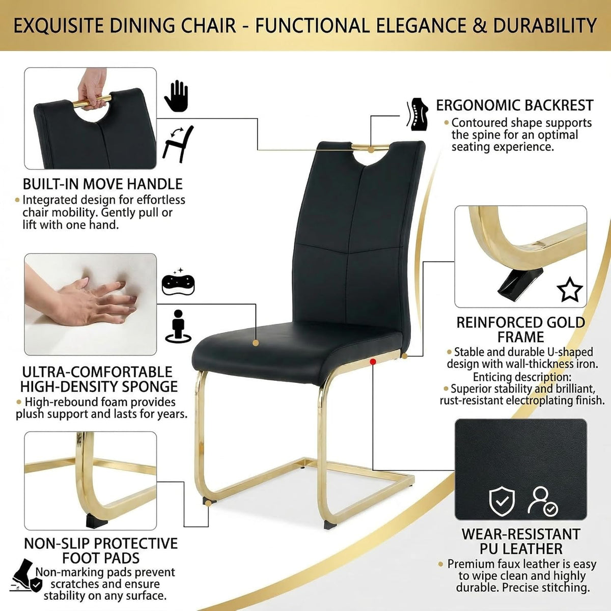 FT Global Modern PU Leather Dining Chair Set of 6, Upholstered Black Chairs with Gold Metal Legs, Kitchen and Dining Room Furniture