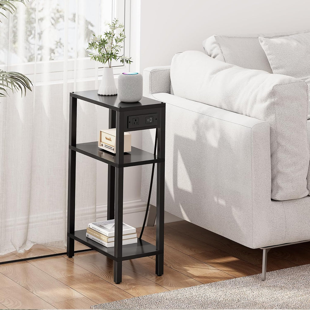 TUTOTAK Narrow Side Table, 3-Tier Small End Table with Charging Station | Skinny Sofa Table, Slim Nightstand, Easy Assembly for Living Room, Bedroom, Black TB01BK079