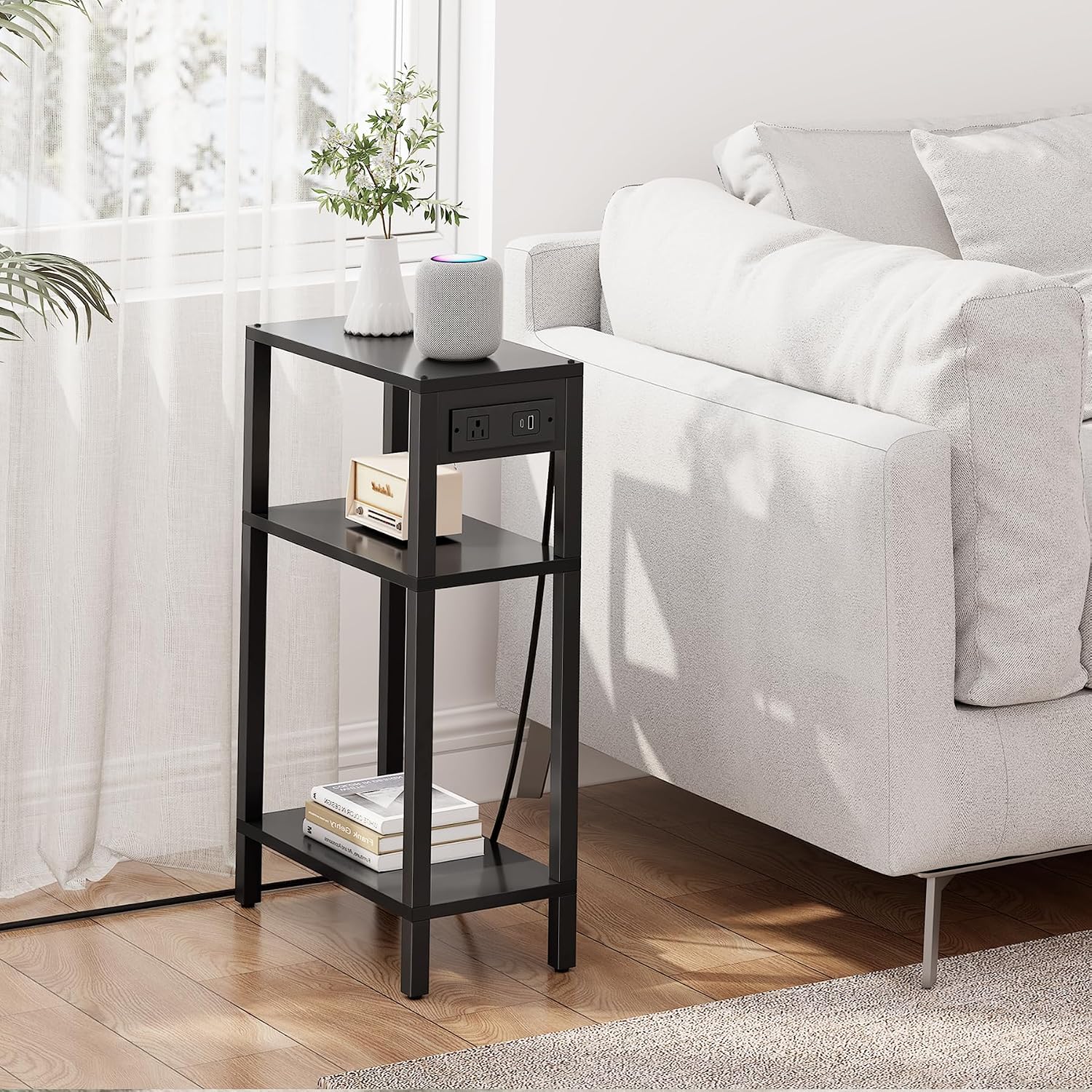 TUTOTAK Narrow Side Table, 3-Tier Small End Table with Charging Station | Skinny Sofa Table, Slim Nightstand, Easy Assembly for Living Room, Bedroom, Black TB01BK079