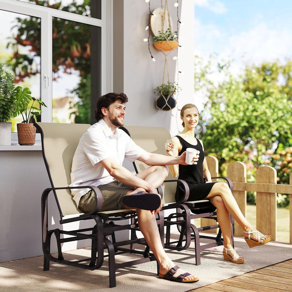 Outsunny Outdoor Glider Chair Set of 2, Smooth Gliding Mechanism, Khaki | Gliders for Outside Patio, Lightweight Construction, Backyard